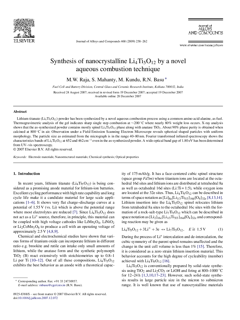 Synthesis of nanocrystalline Li4Ti5O12 by a novel aqueous combustion technique