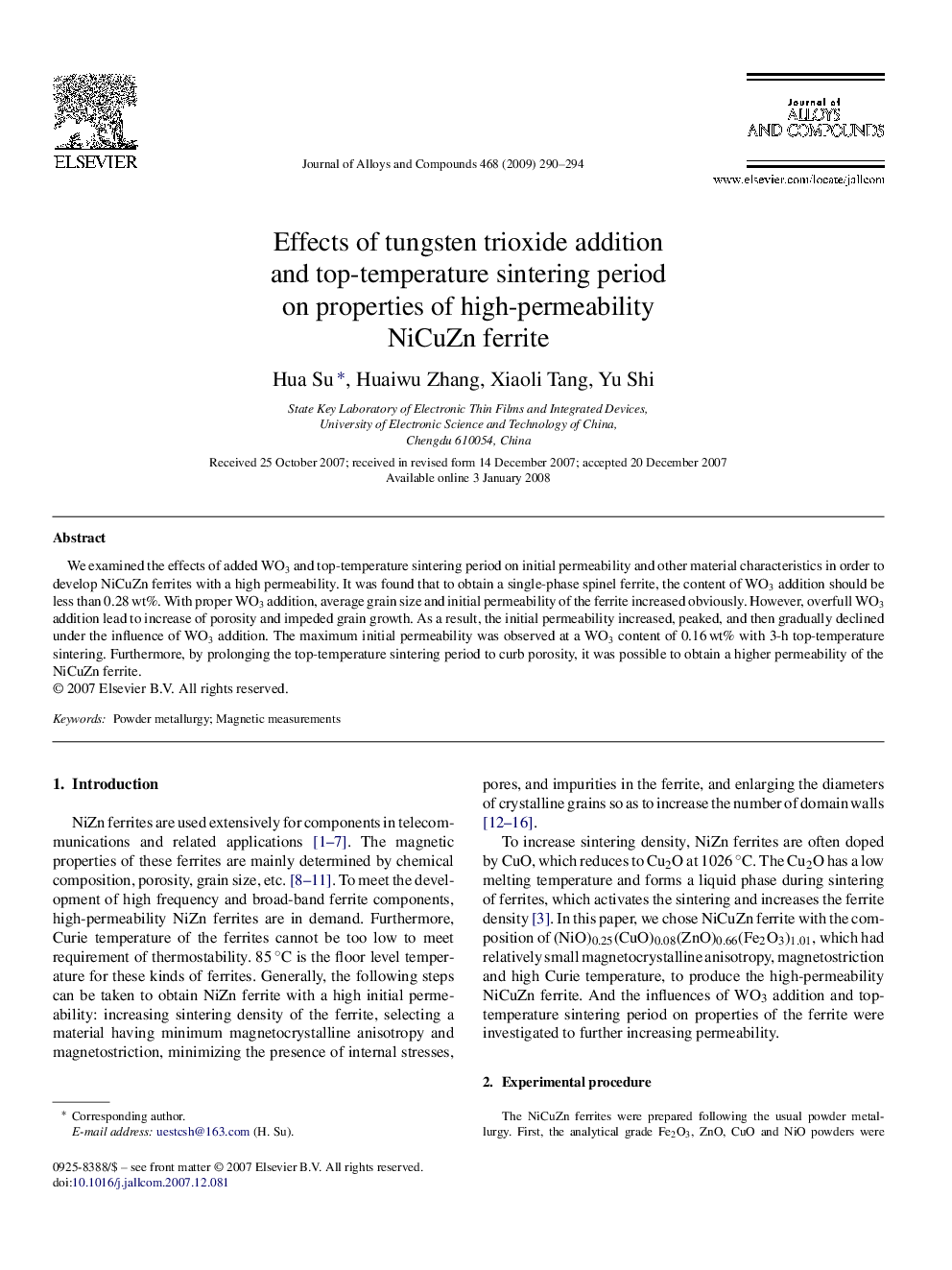 عکس صفحه اول مقاله: Effects of tungsten trioxide addition and top-temperature sintering period on properties of high-permeability NiCuZn ferrite Effects of tungsten trioxide addition and top-temperature sintering period on properties of high-permeability NiCuZn ferrite