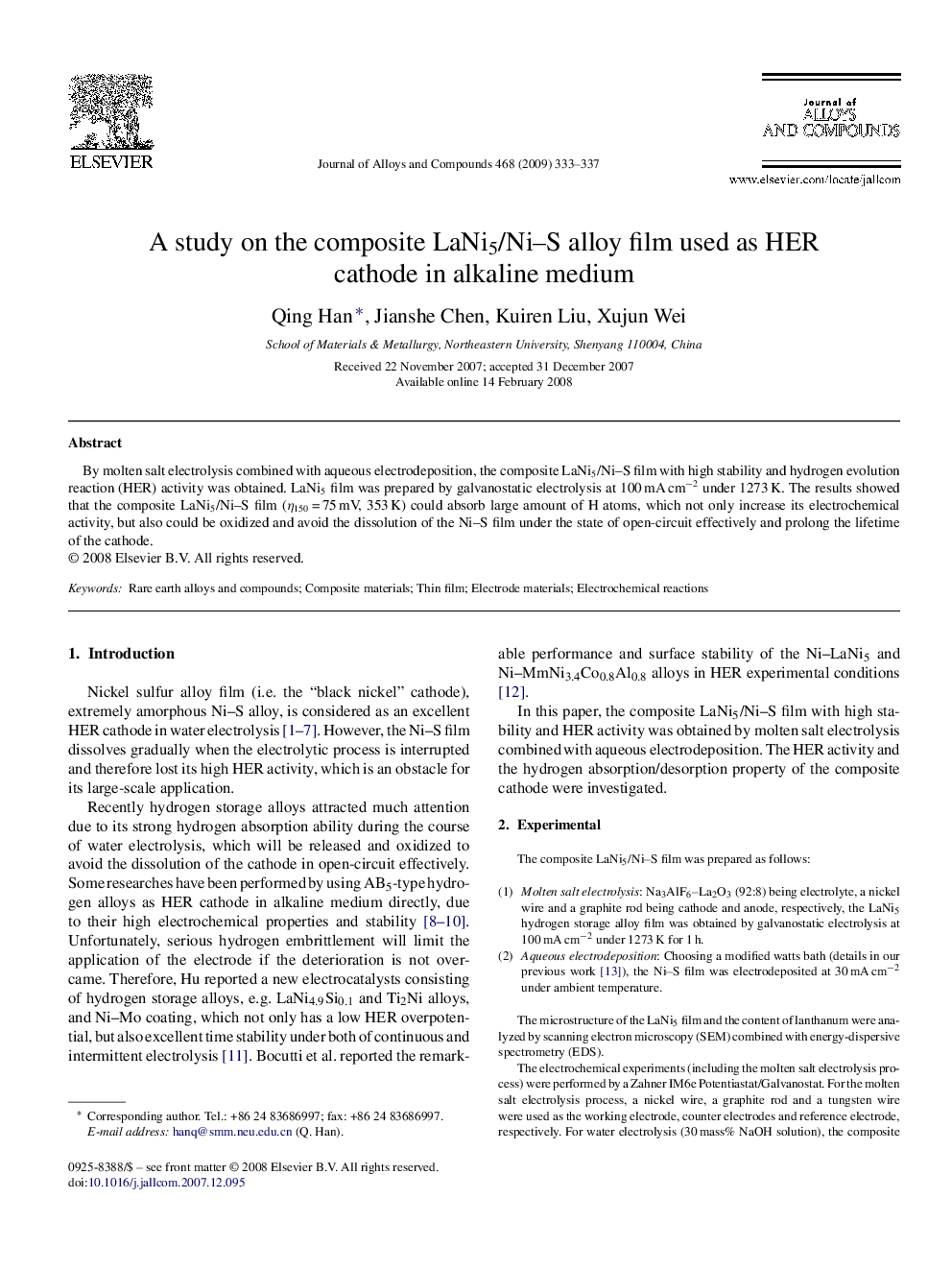 A study on the composite LaNi5/Ni–S alloy film used as HER cathode in alkaline medium