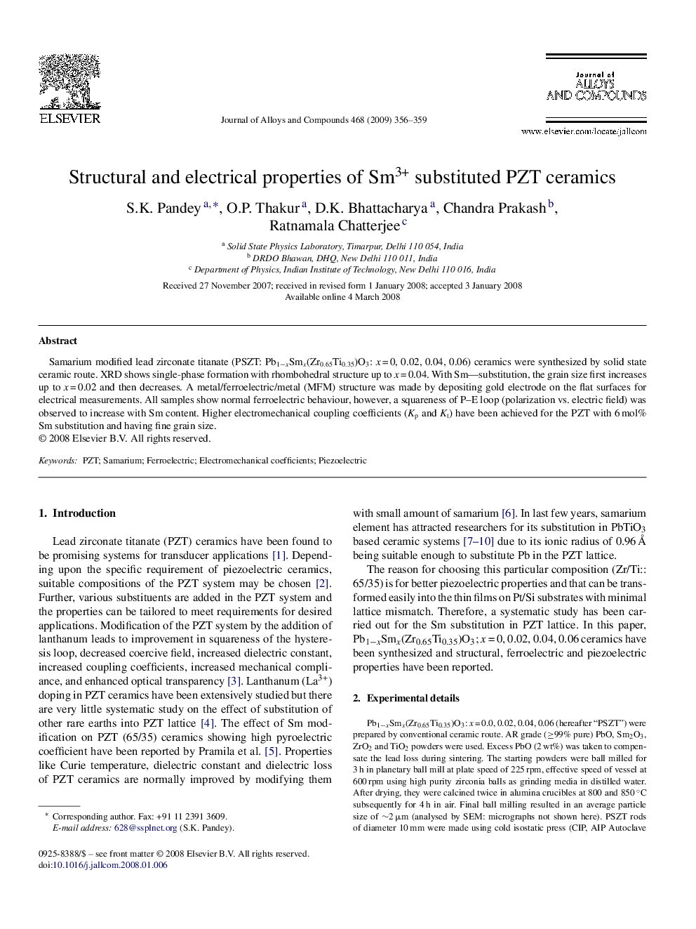 Structural and electrical properties of Sm3+ substituted PZT ceramics