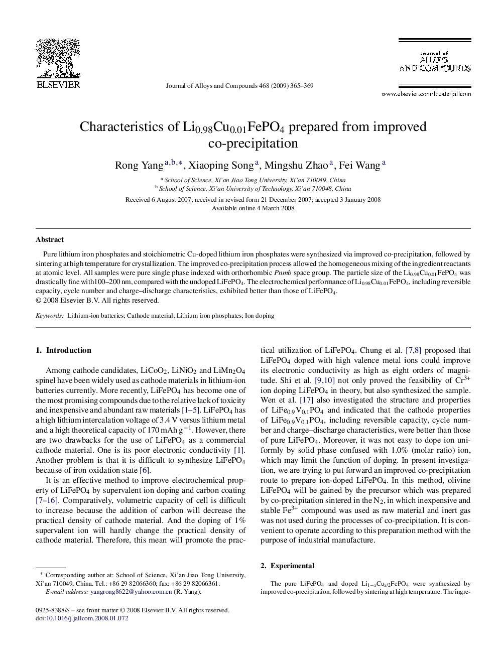 Characteristics of Li0.98Cu0.01FePO4 prepared from improved co-precipitation