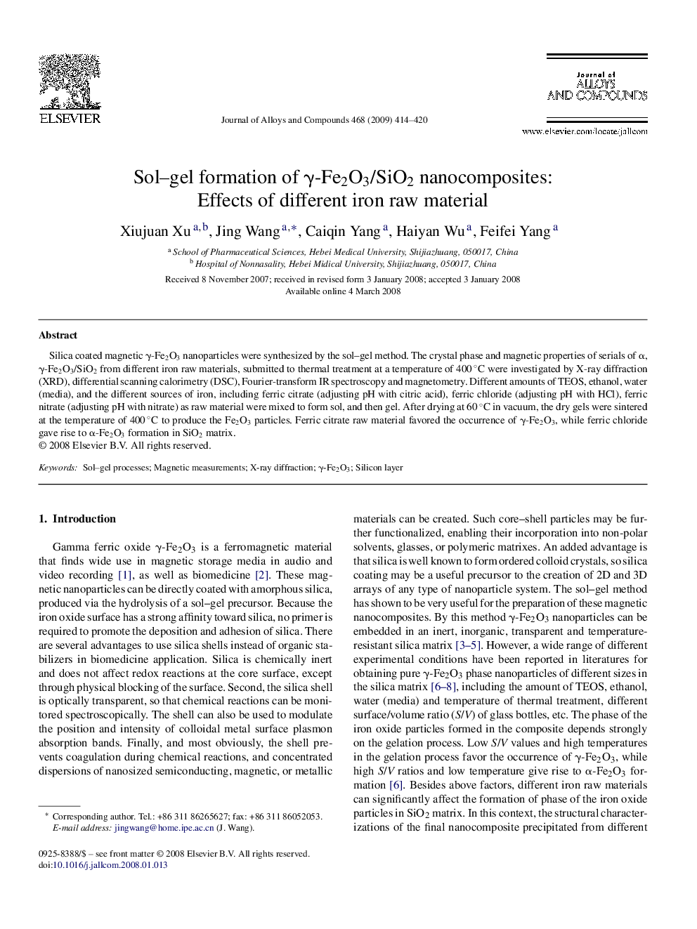 عکس صفحه اول مقاله: Sol–gel formation of γ-Fe2O3/SiO2 nanocomposites: Effects of different iron raw material Sol–gel formation of γ-Fe2O3/SiO2 nanocomposites: Effects of different iron raw material