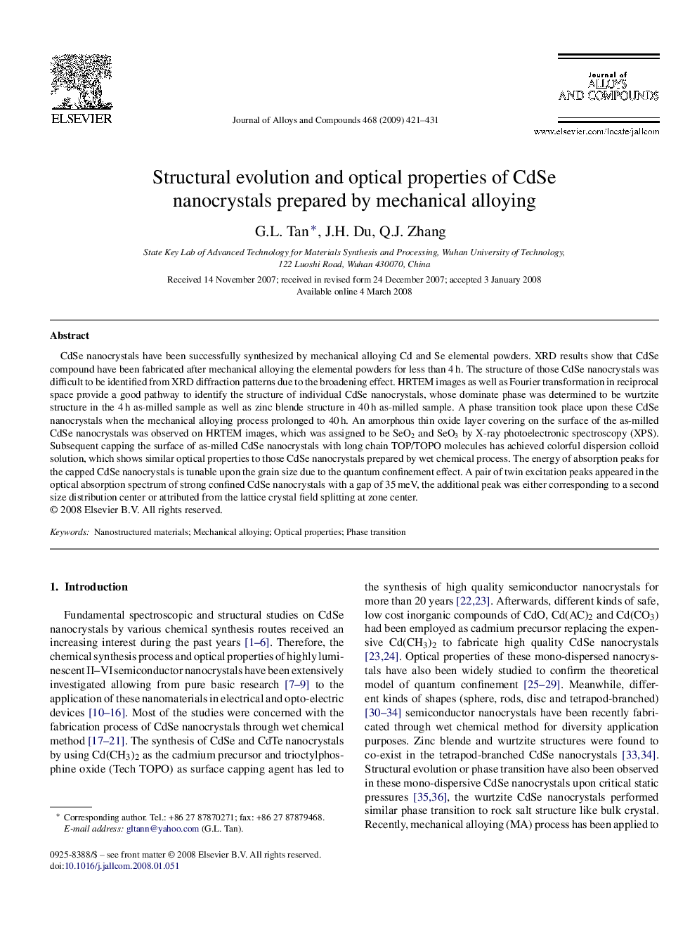 Structural evolution and optical properties of CdSe nanocrystals prepared by mechanical alloying