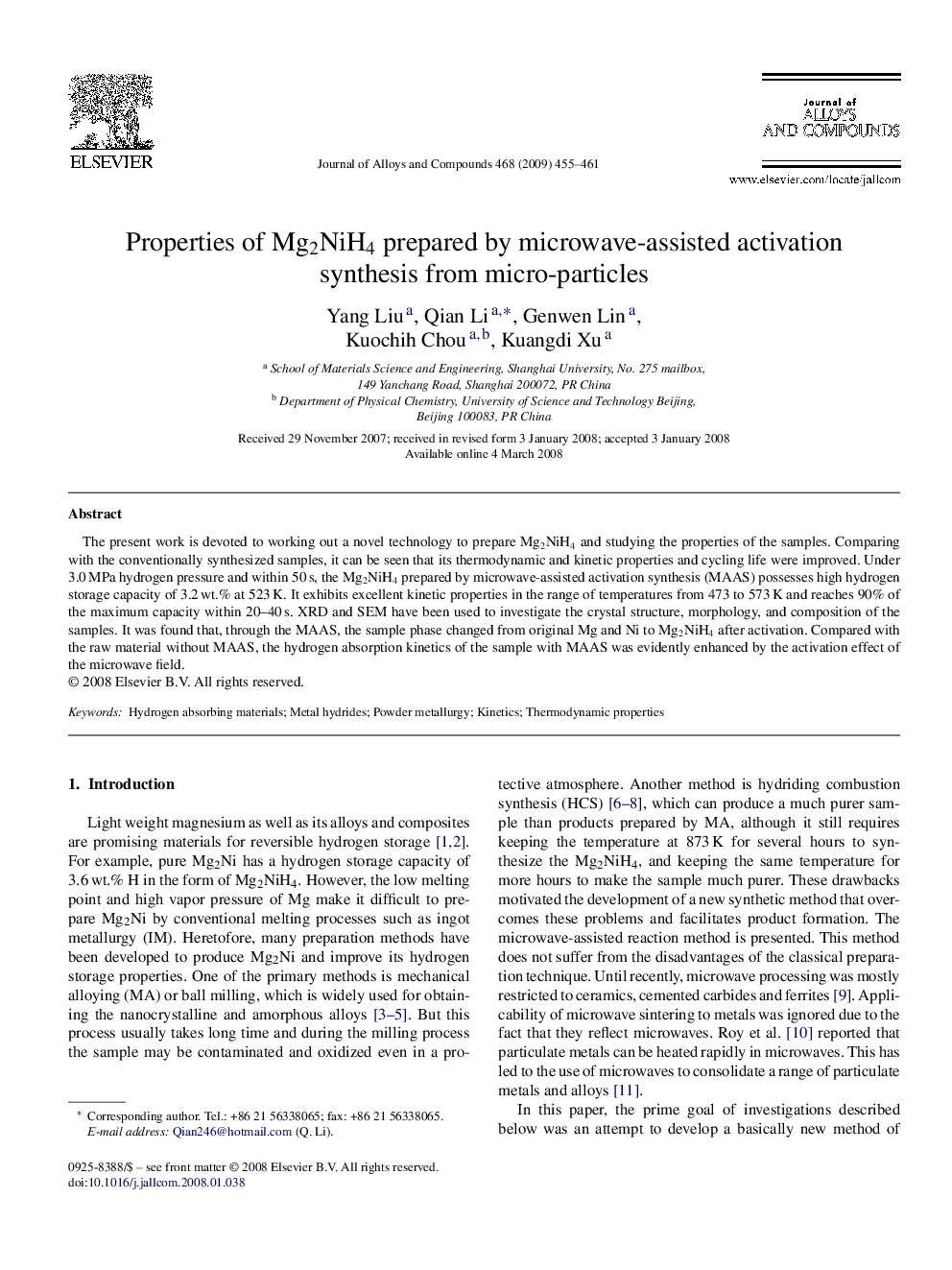 Properties of Mg2NiH4 prepared by microwave-assisted activation synthesis from micro-particles