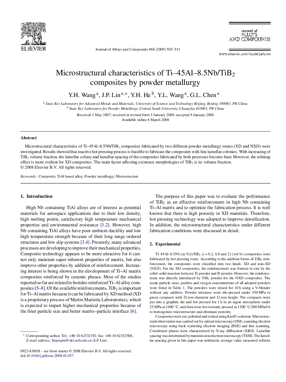 Microstructural characteristics of Ti–45Al–8.5Nb/TiB2 composites by powder metallurgy