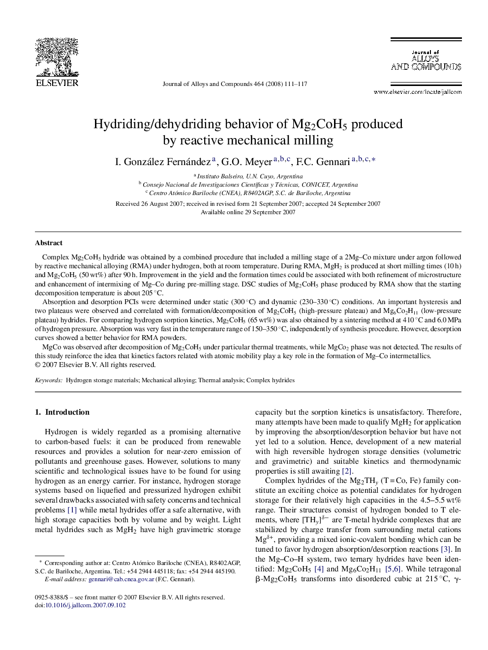 Hydriding/dehydriding behavior of Mg2CoH5 produced by reactive mechanical milling