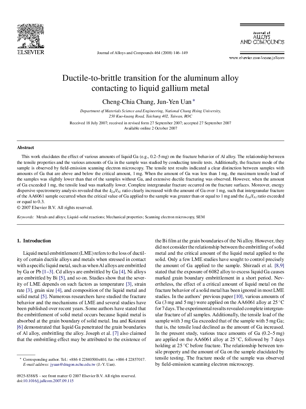 Ductile-to-brittle transition for the aluminum alloy contacting to liquid gallium metal