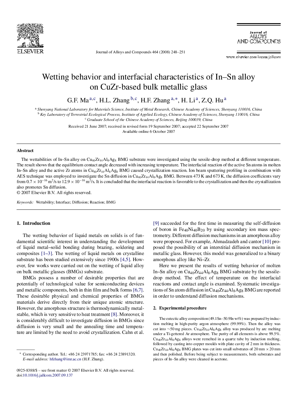 Wetting behavior and interfacial characteristics of In–Sn alloy on CuZr-based bulk metallic glass