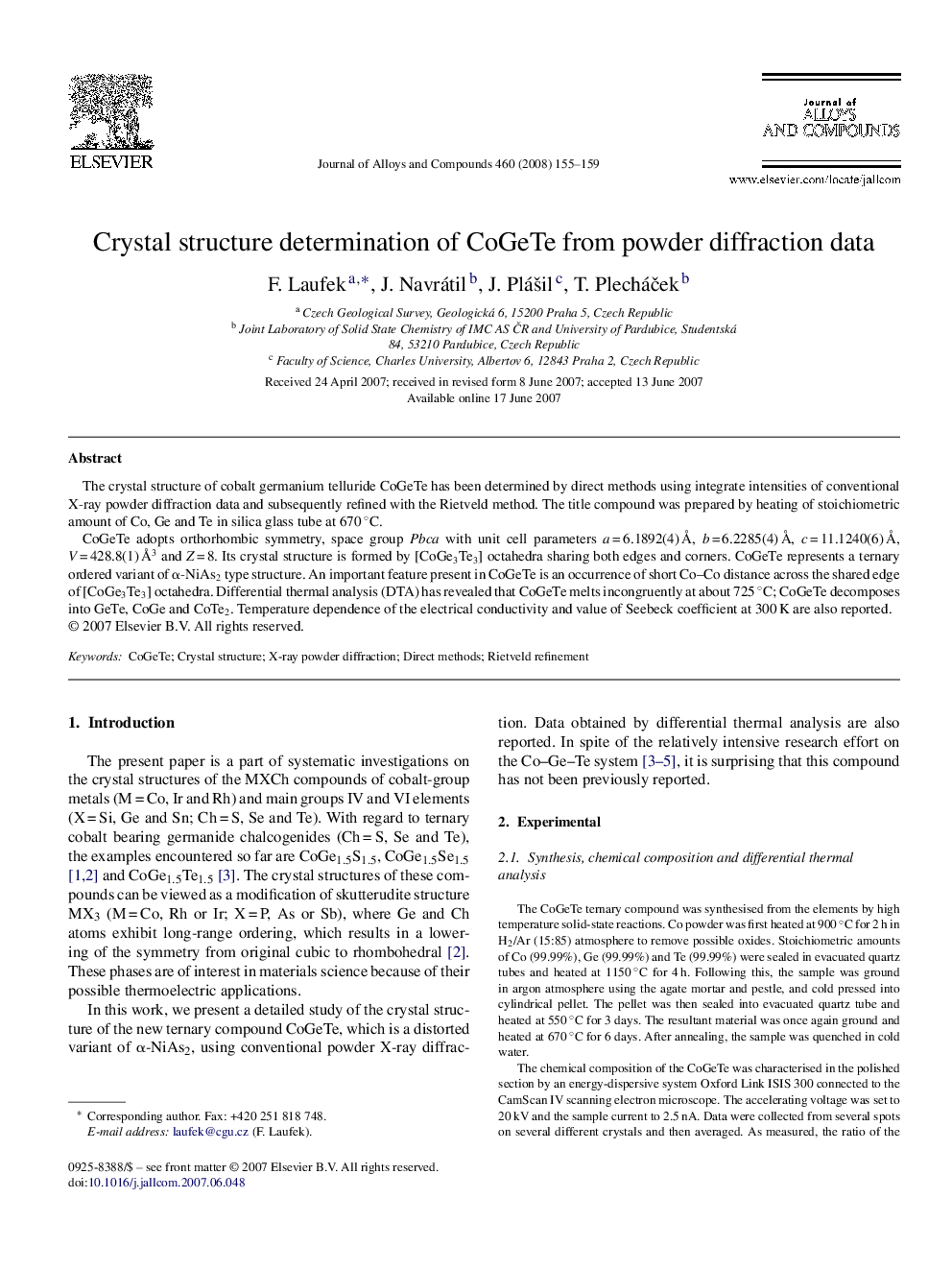 Crystal structure determination of CoGeTe from powder diffraction data