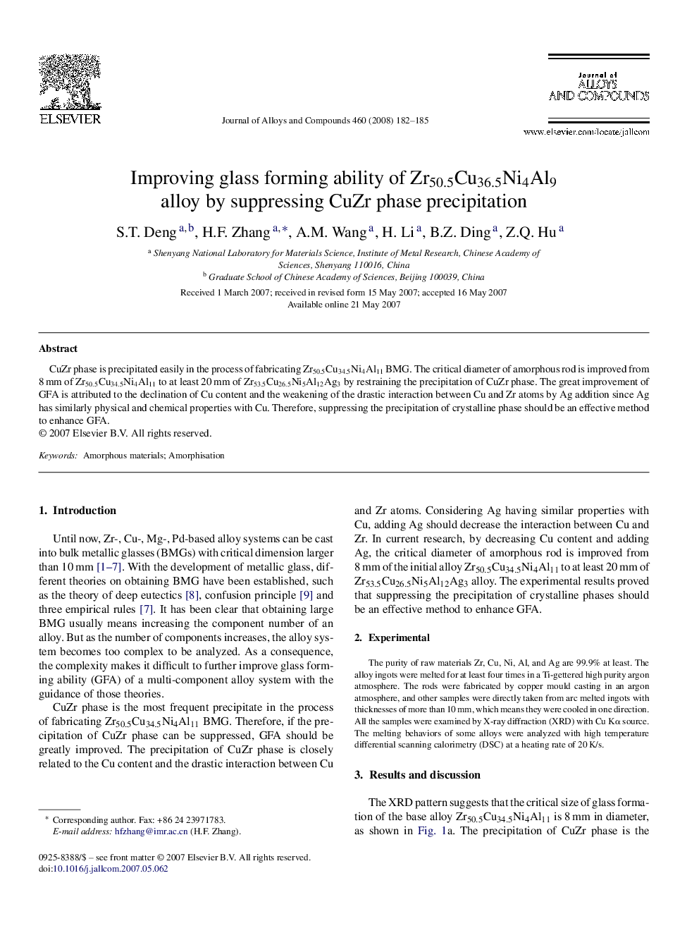 Improving glass forming ability of Zr50.5Cu36.5Ni4Al9 alloy by suppressing CuZr phase precipitation