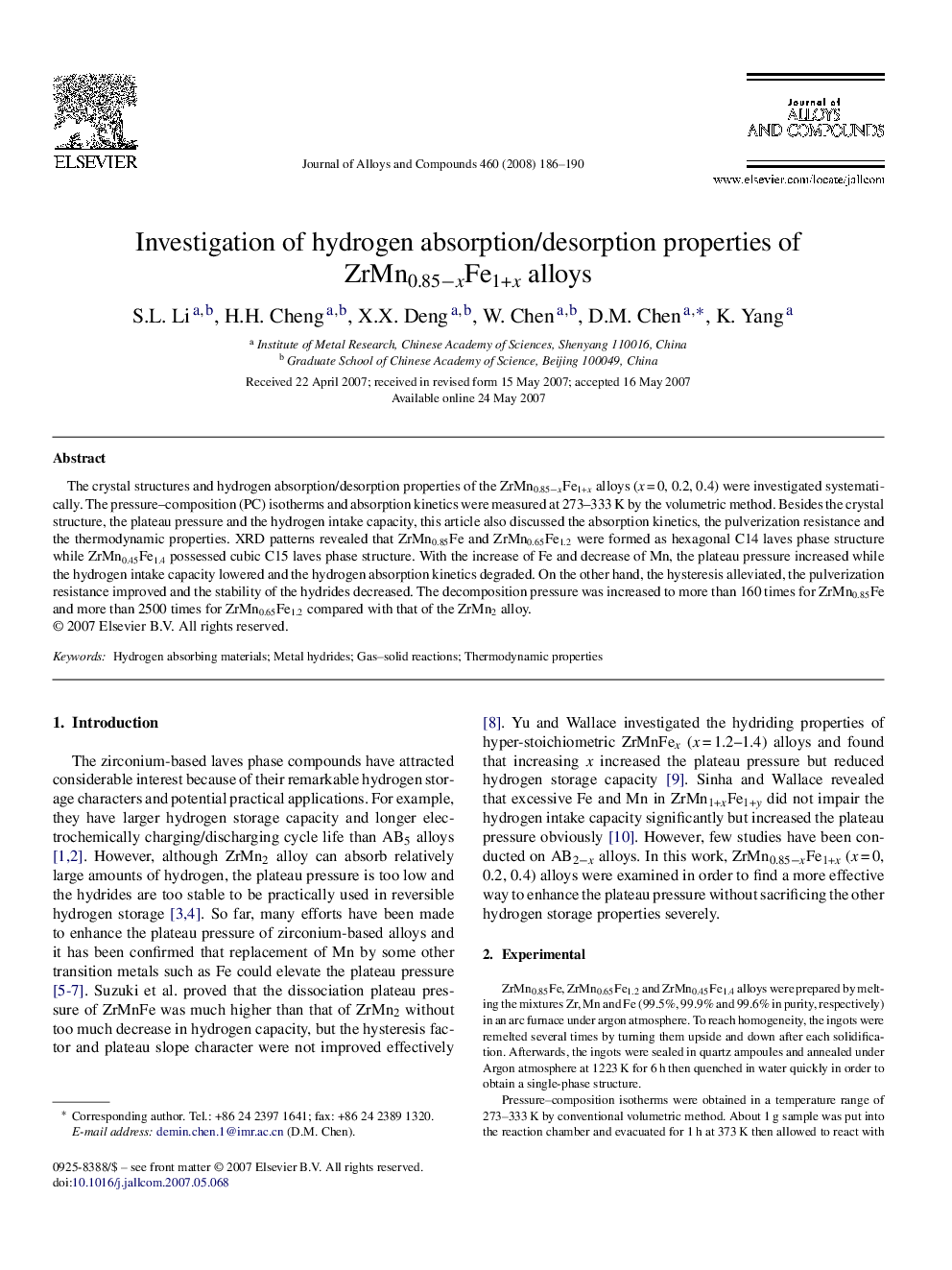 Investigation of hydrogen absorption/desorption properties of ZrMn0.85−xFe1+x alloys