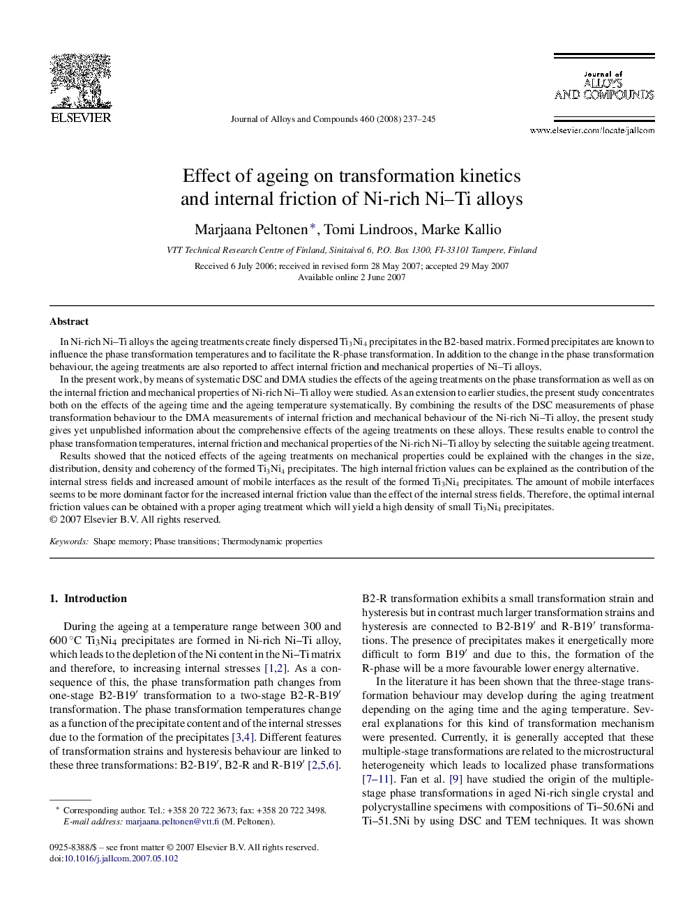 عکس صفحه اول مقاله: Effect of ageing on transformation kinetics and internal friction of Ni-rich Ni–Ti alloys Effect of ageing on transformation kinetics and internal friction of Ni-rich Ni–Ti alloys