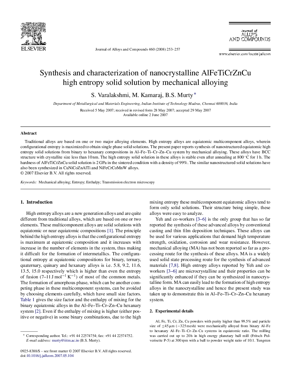 Synthesis and characterization of nanocrystalline AlFeTiCrZnCu high entropy solid solution by mechanical alloying