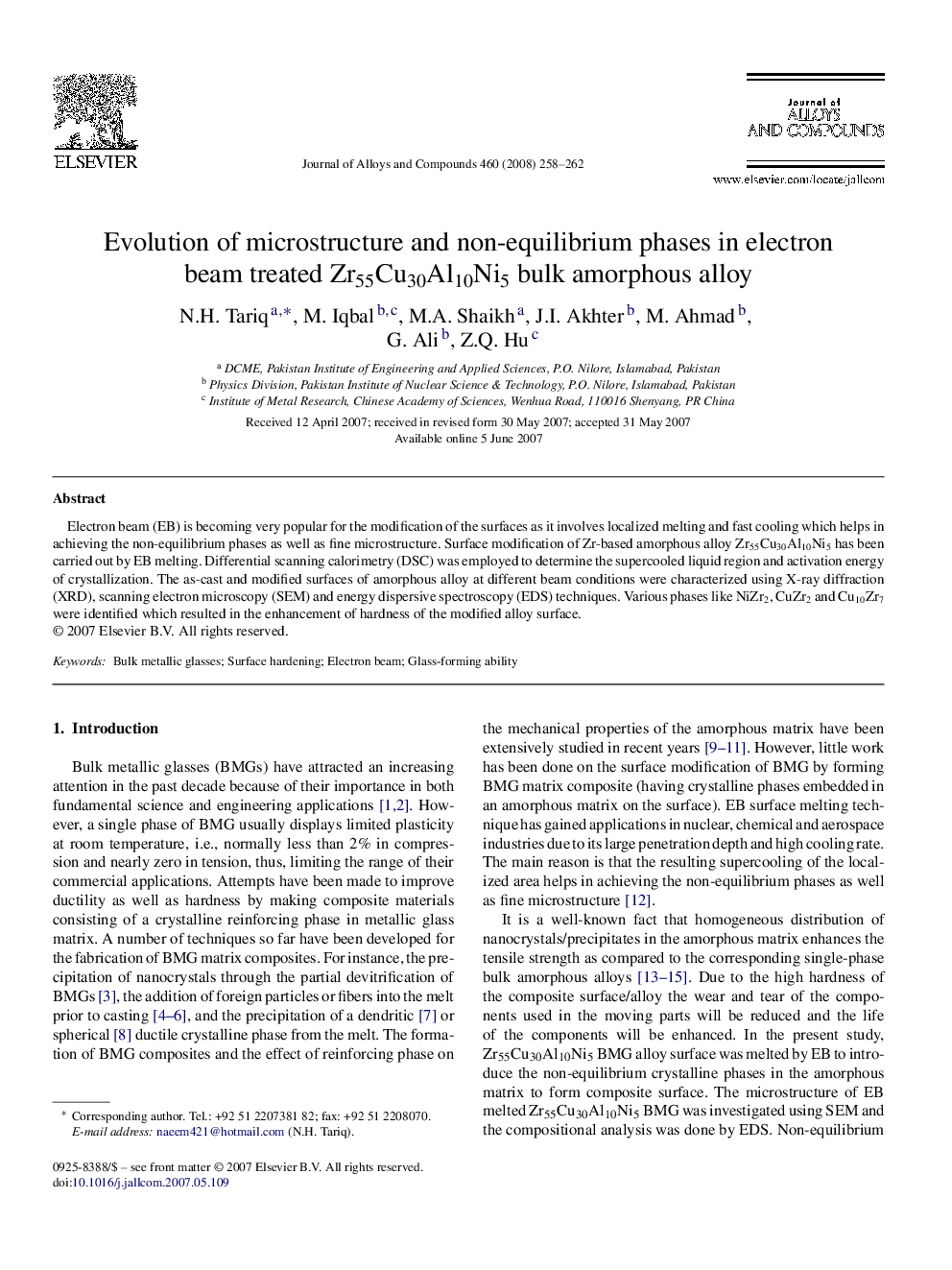 Evolution of microstructure and non-equilibrium phases in electron beam treated Zr55Cu30Al10Ni5 bulk amorphous alloy