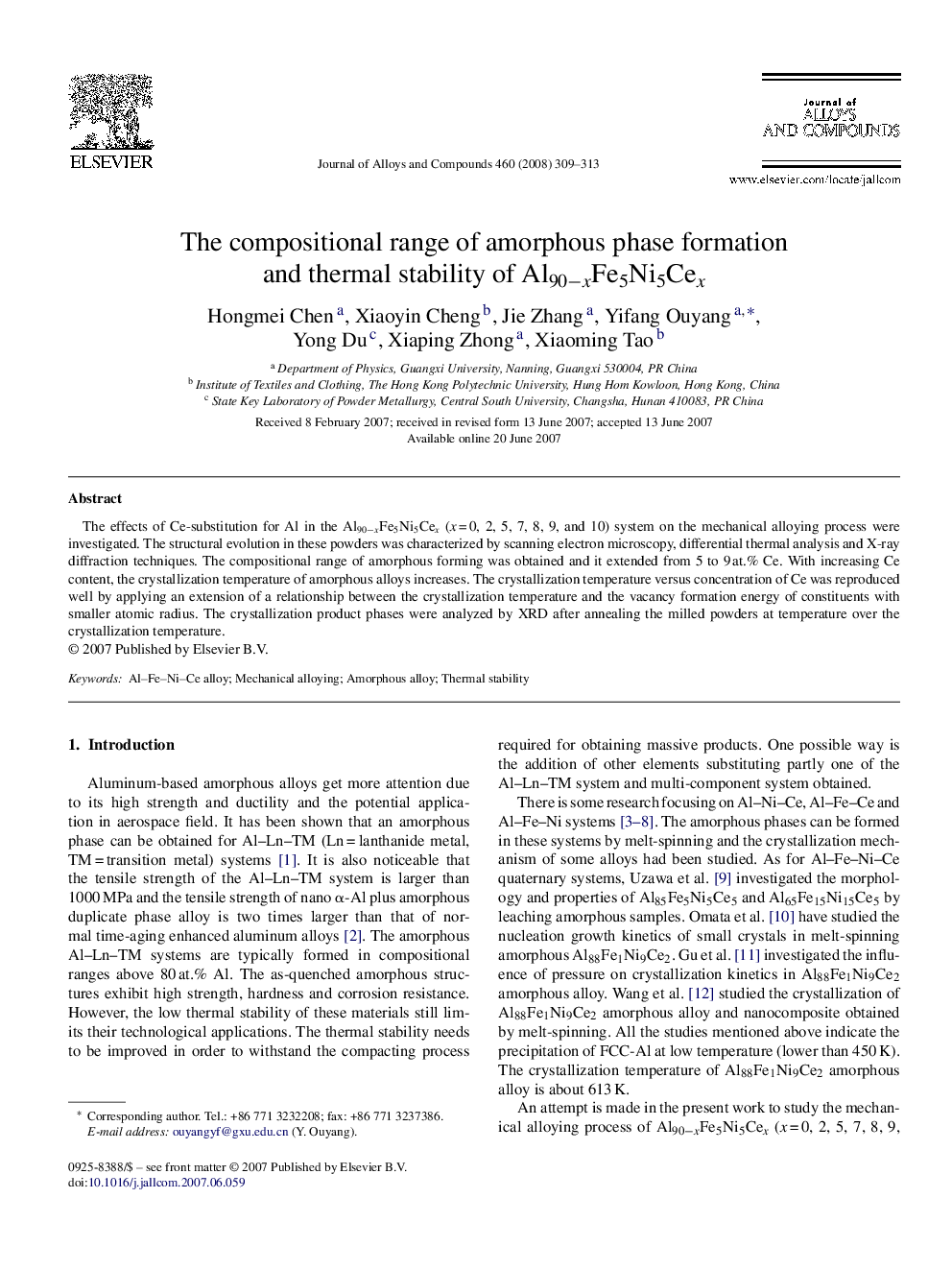 The compositional range of amorphous phase formation and thermal stability of Al90−xFe5Ni5Cex