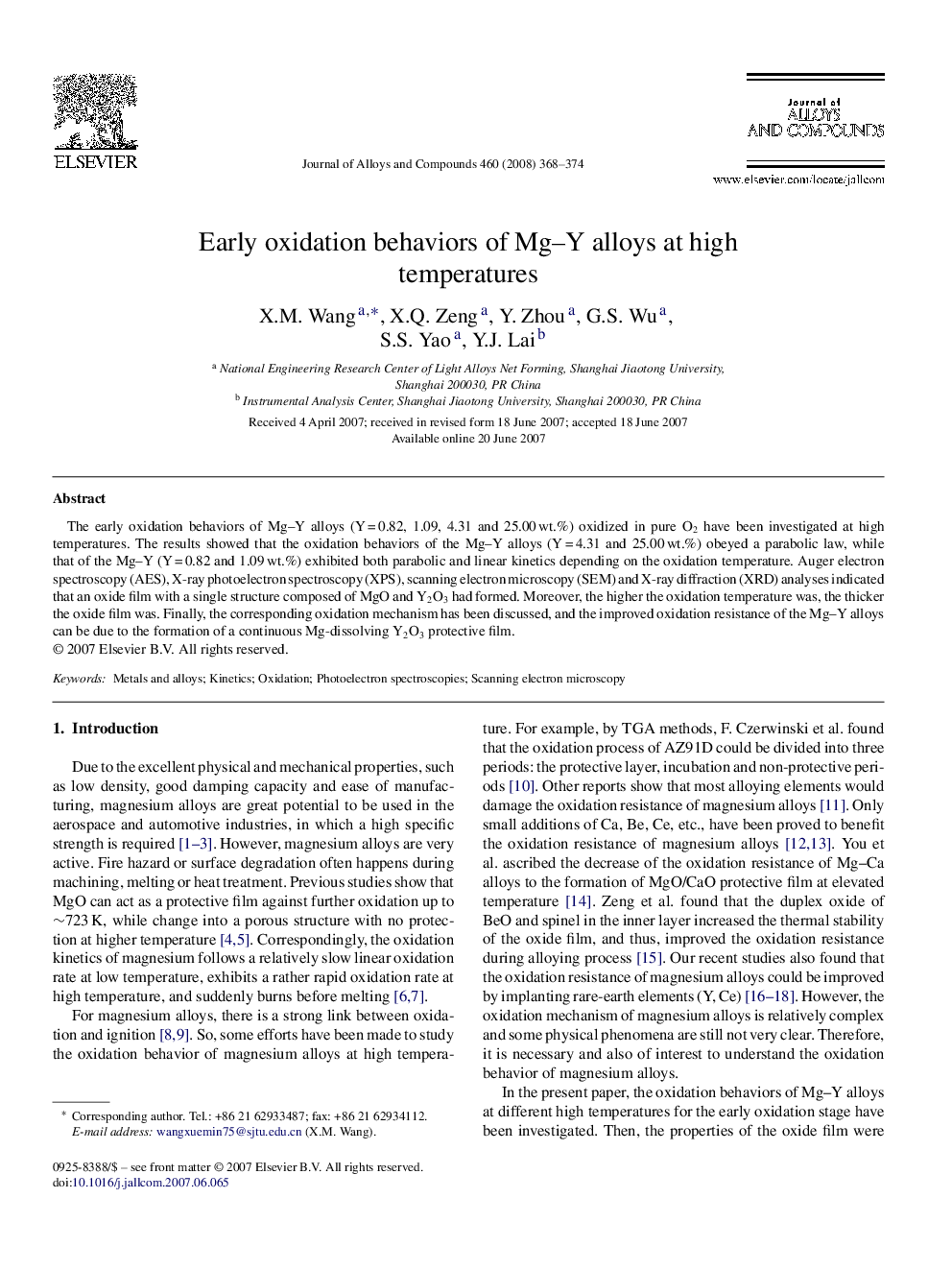 Early oxidation behaviors of Mg–Y alloys at high temperatures