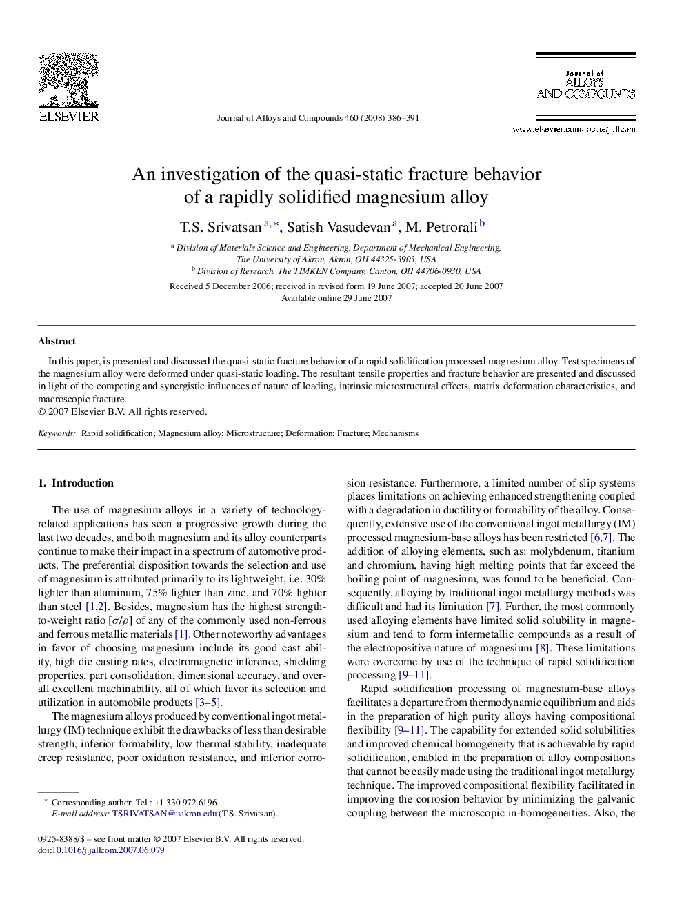 An investigation of the quasi-static fracture behavior of a rapidly solidified magnesium alloy