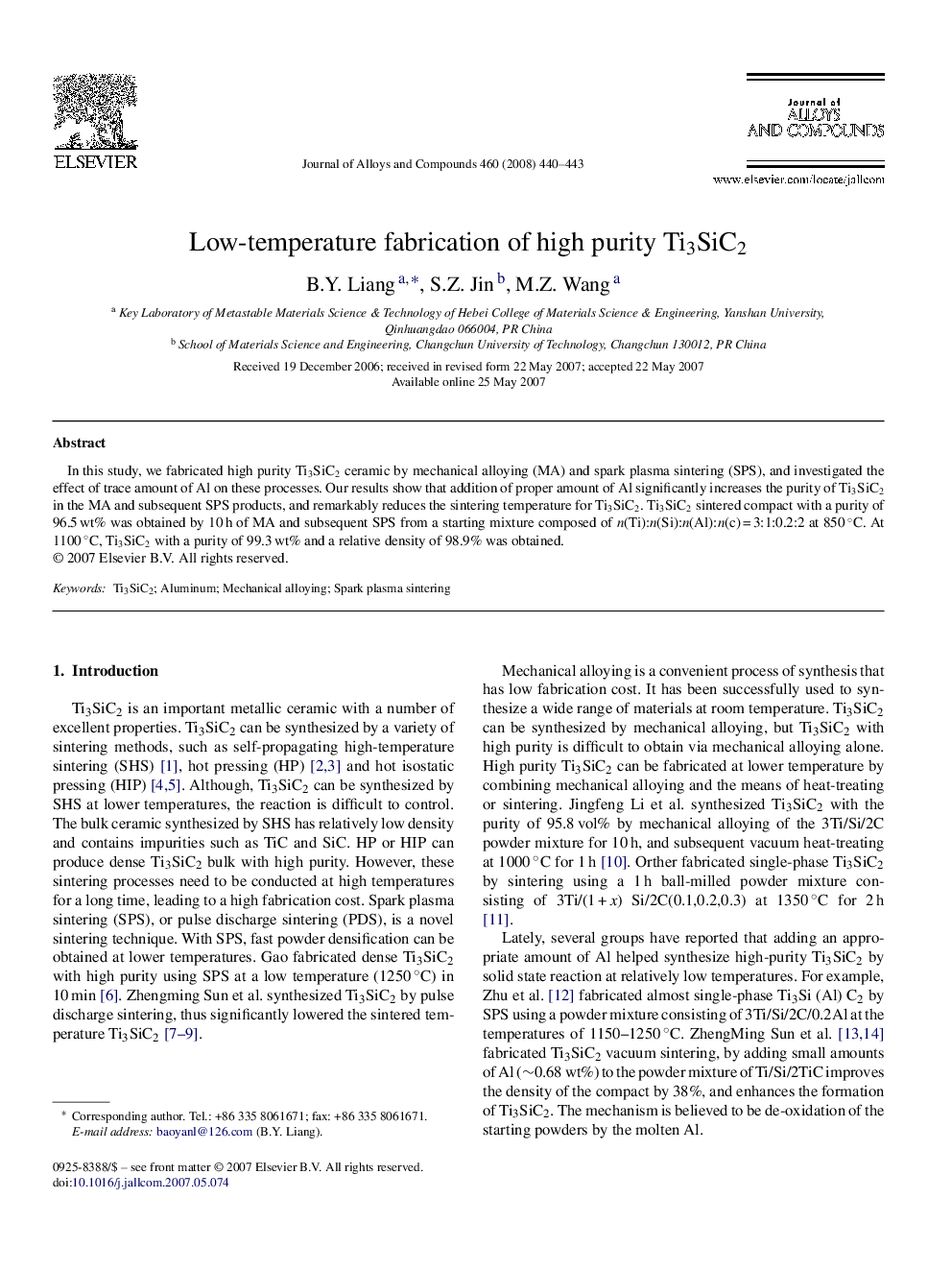 Low-temperature fabrication of high purity Ti3SiC2