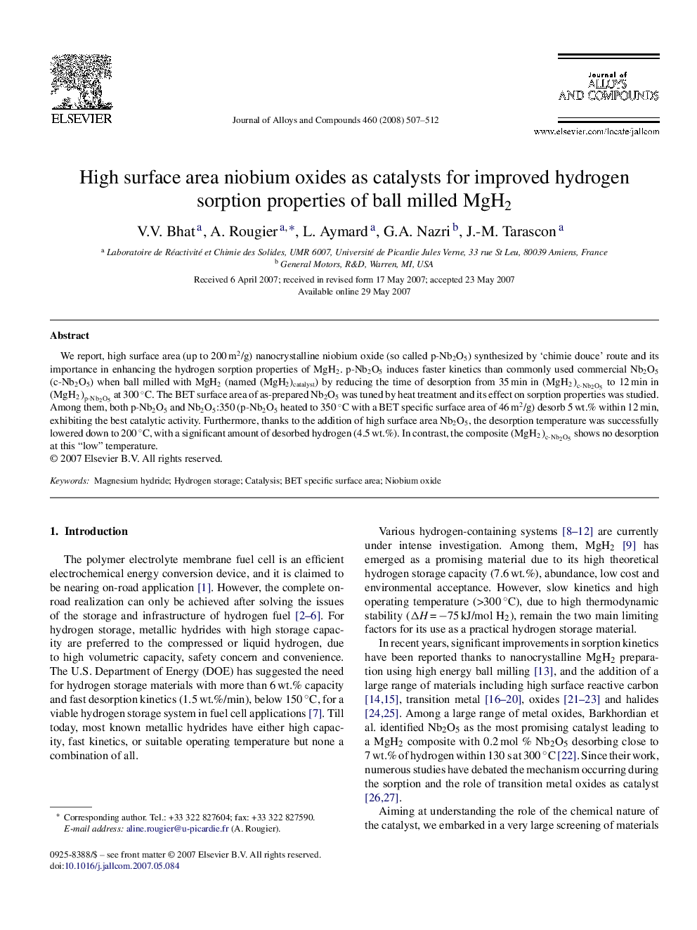 High surface area niobium oxides as catalysts for improved hydrogen sorption properties of ball milled MgH2