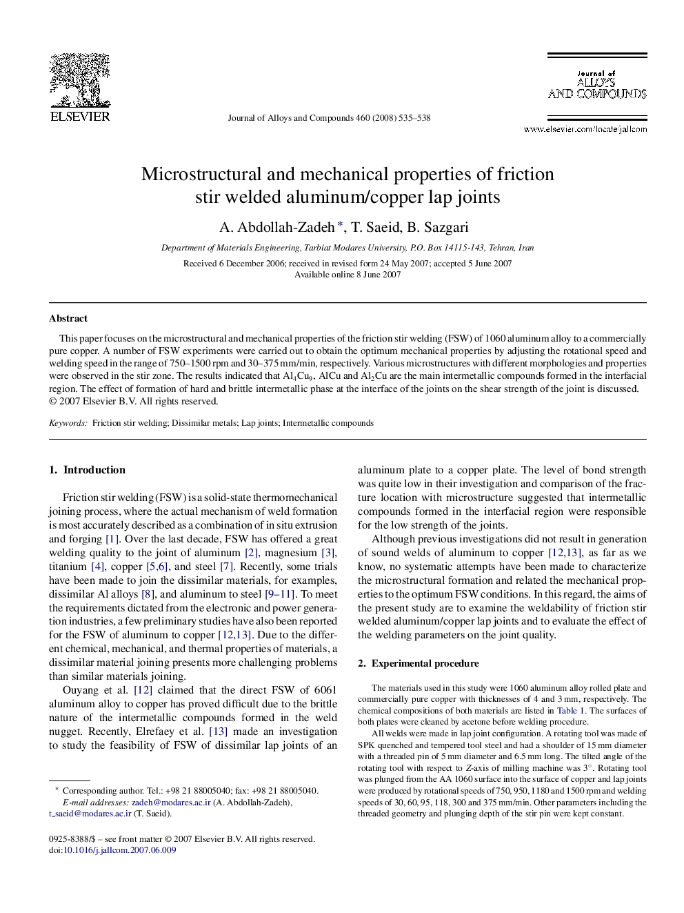 Microstructural and mechanical properties of friction stir welded aluminum/copper lap joints