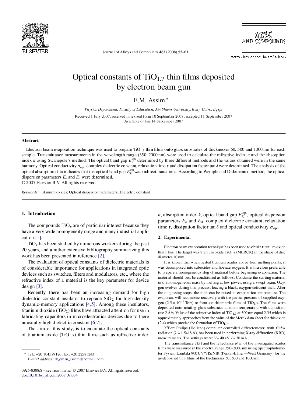 Optical constants of TiO1.7 thin films deposited by electron beam gun