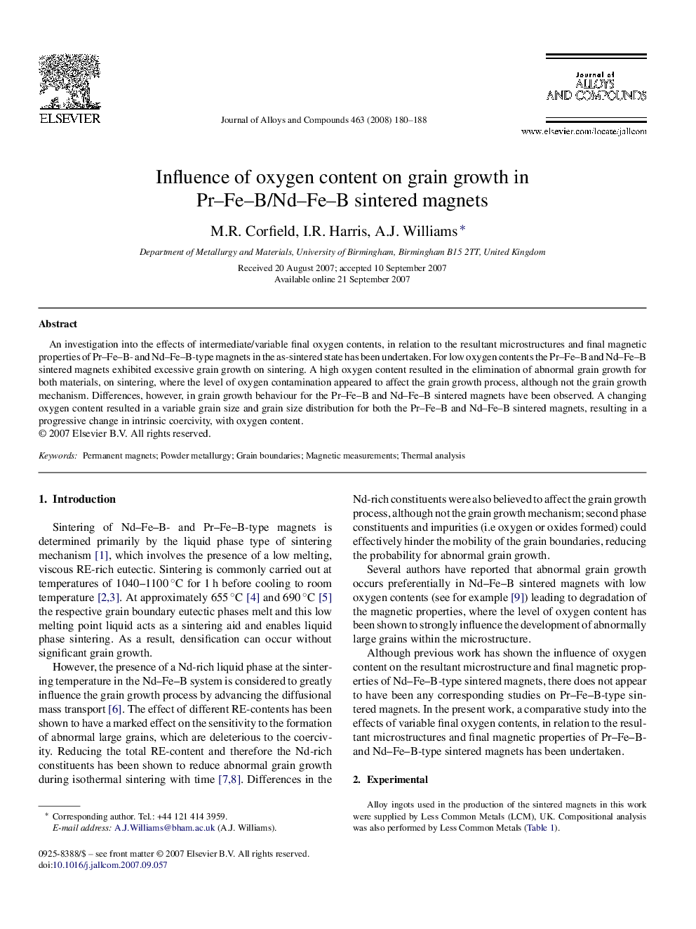 Influence of oxygen content on grain growth in Pr–Fe–B/Nd–Fe–B sintered magnets