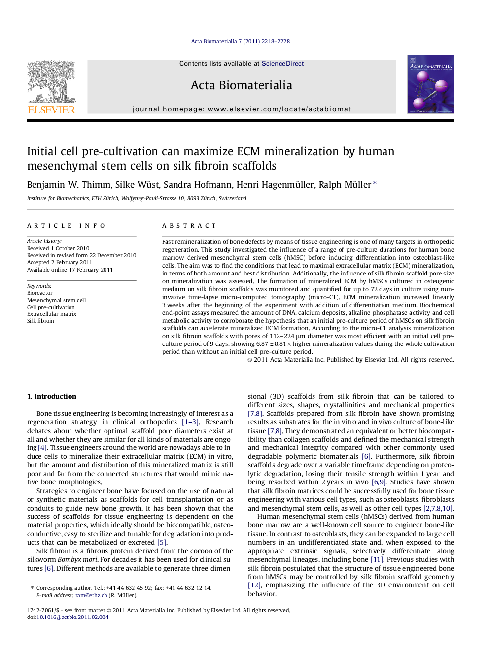 Initial cell pre-cultivation can maximize ECM mineralization by human mesenchymal stem cells on silk fibroin scaffolds