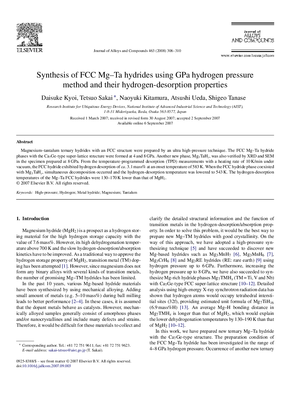 Synthesis of FCC Mg–Ta hydrides using GPa hydrogen pressure method and their hydrogen-desorption properties