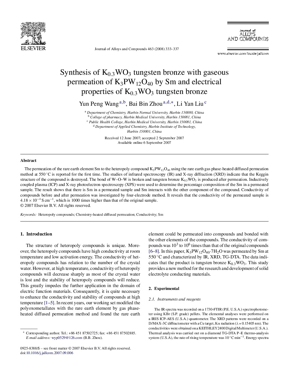 Synthesis of K0.3WO3 tungsten bronze with gaseous permeation of K3PW12O40 by Sm and electrical properties of K0.3WO3 tungsten bronze