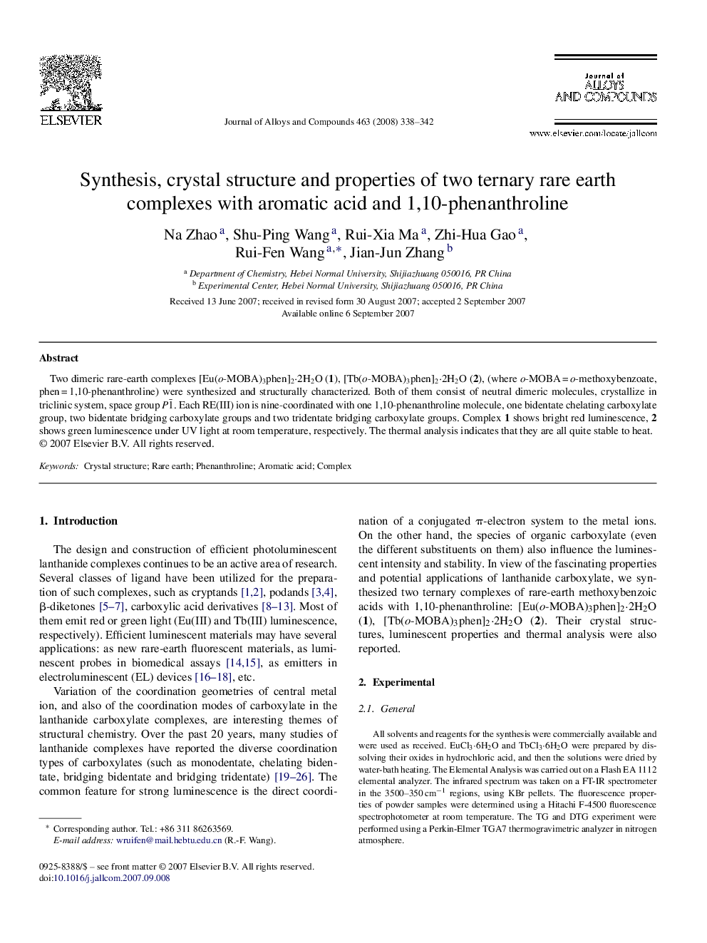 Synthesis, crystal structure and properties of two ternary rare earth complexes with aromatic acid and 1,10-phenanthroline