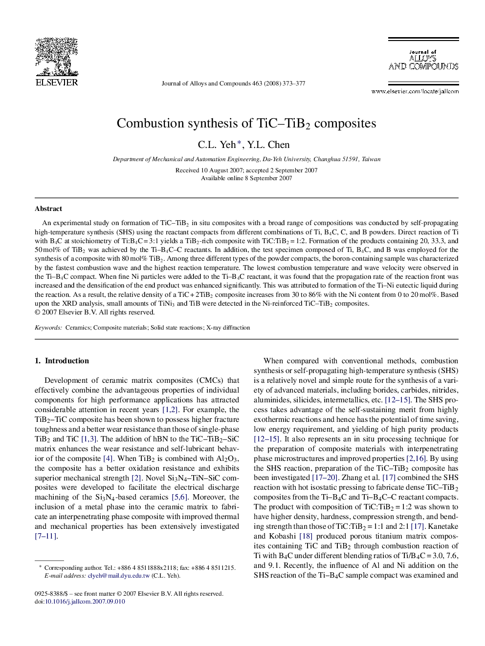 Combustion synthesis of TiC–TiB2 composites