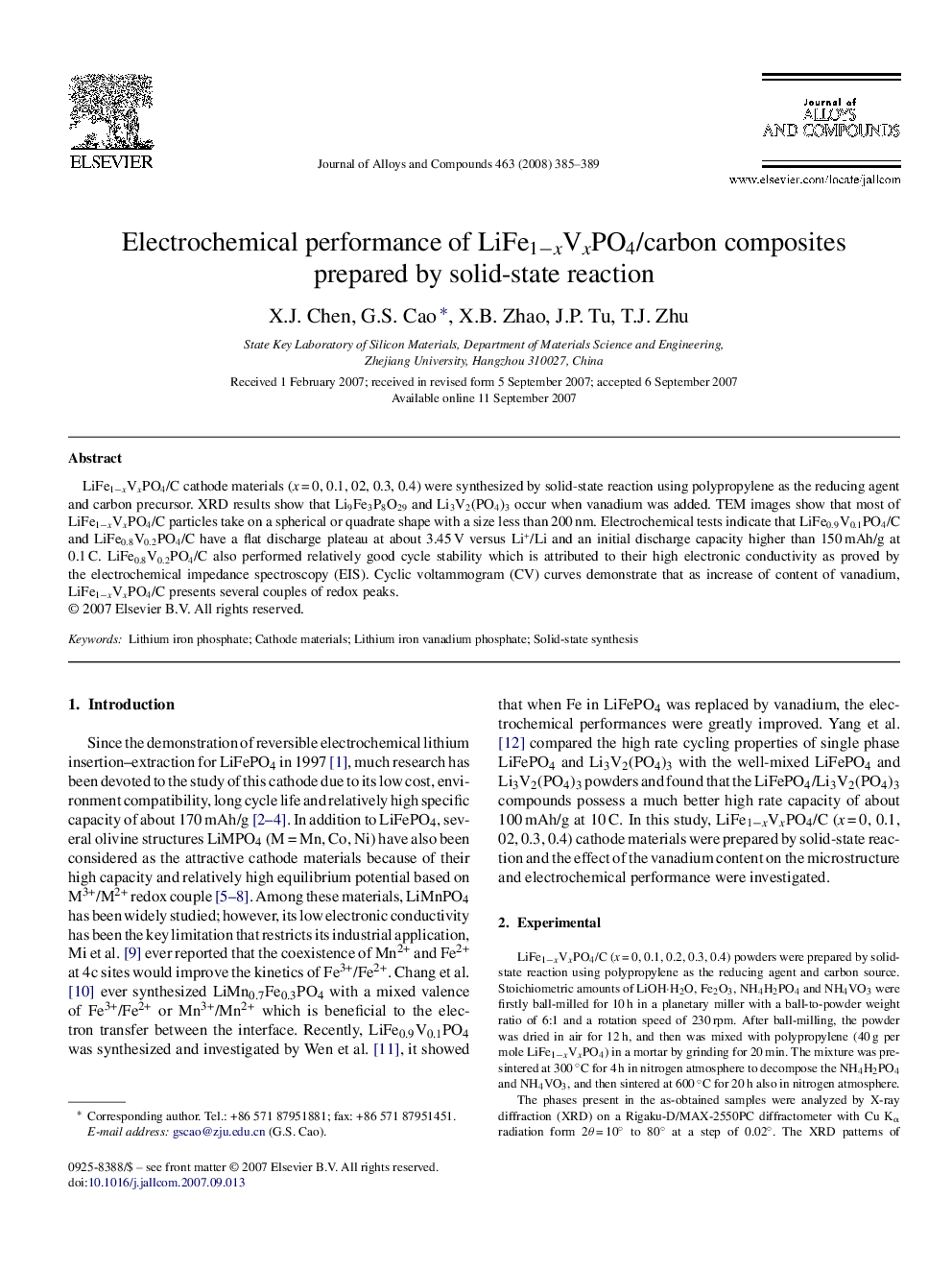 Electrochemical performance of LiFe1−xVxPO4/carbon composites prepared by solid-state reaction