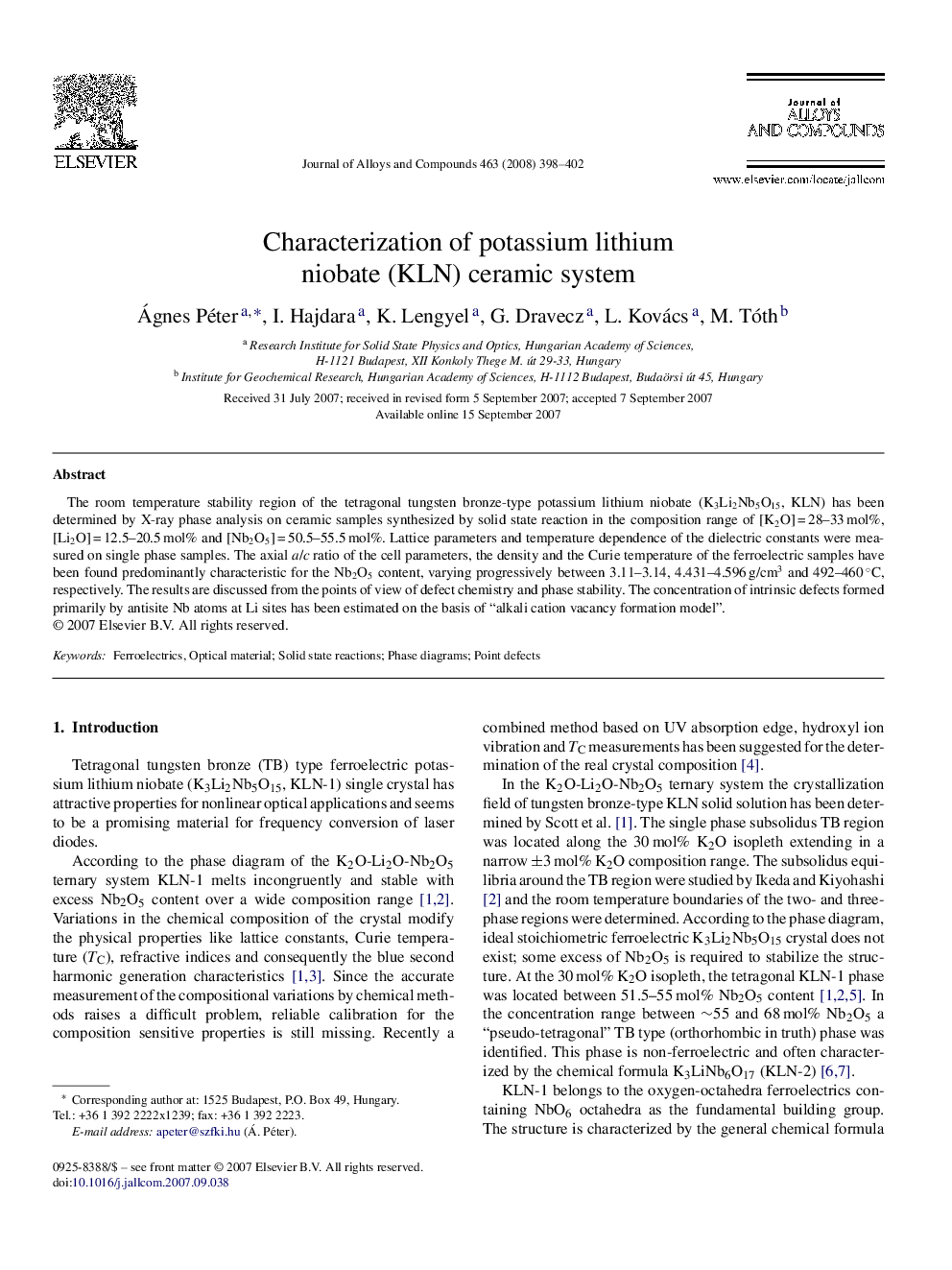 Characterization of potassium lithium niobate (KLN) ceramic system