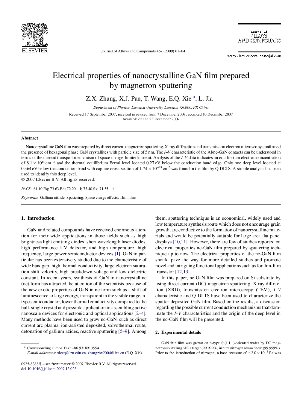 Electrical properties of nanocrystalline GaN film prepared by magnetron sputtering