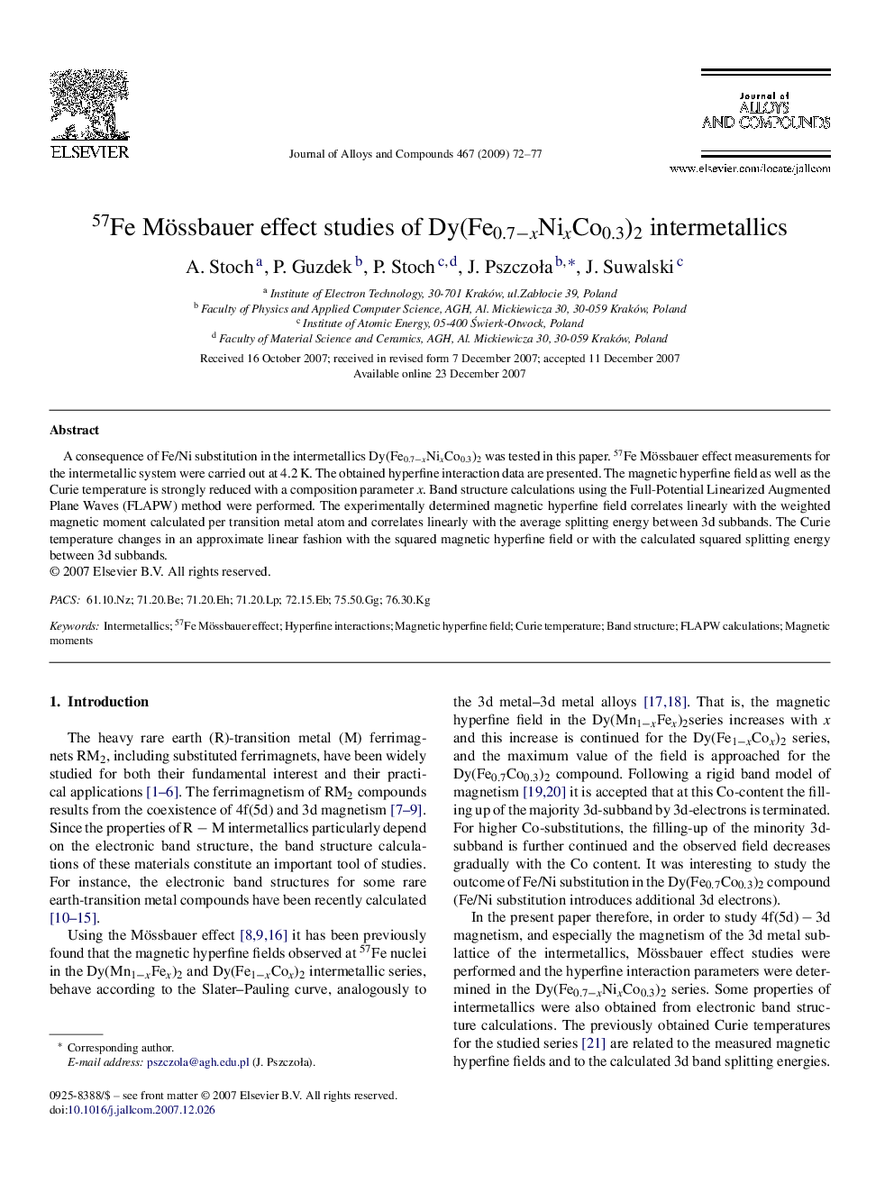 Fe57 Mössbauer effect studies of Dy(Fe0.7âxNixCo0.3)2 intermetallics