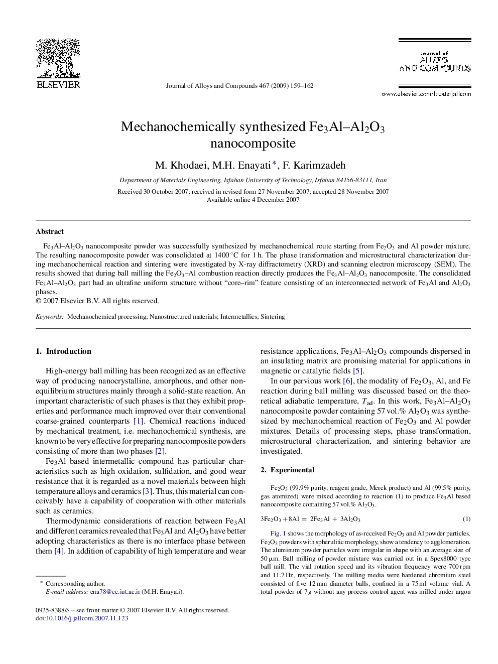 Mechanochemically synthesized Fe3Al-Al2O3 nanocomposite