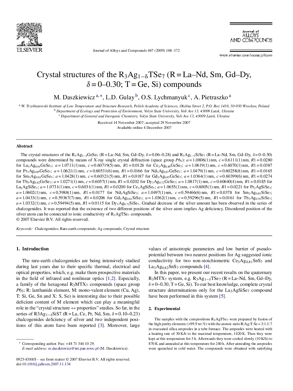 Crystal structures of the R3Ag1−δTSe7 (R = La–Nd, Sm, Gd–Dy, δ = 0–0.30; T = Ge, Si) compounds