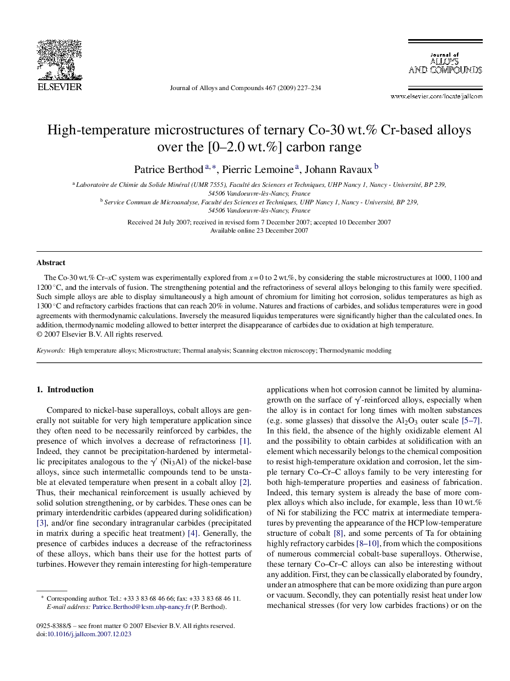 High-temperature microstructures of ternary Co-30 wt.% Cr-based alloys over the [0–2.0 wt.%] carbon range