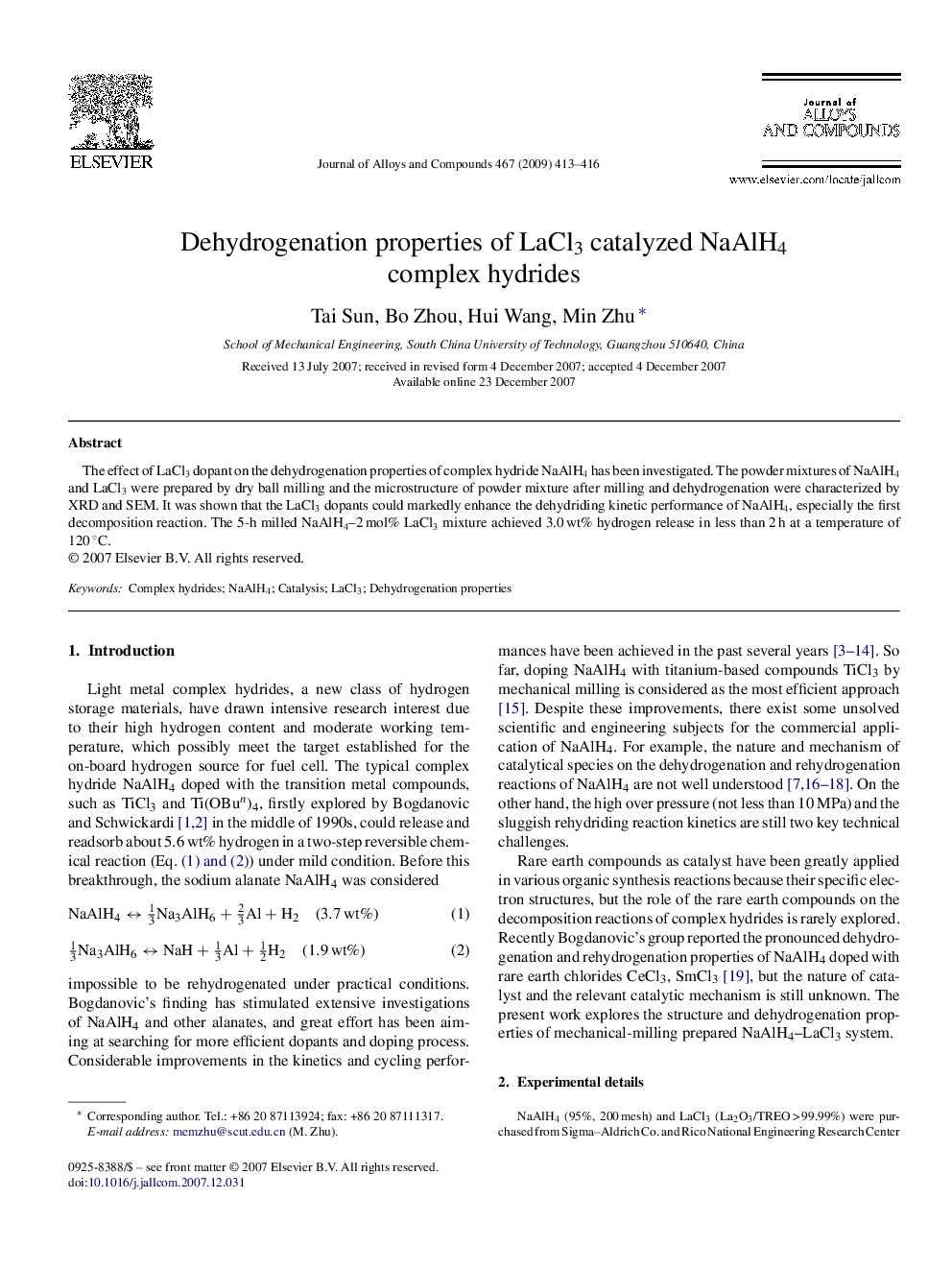 Dehydrogenation properties of LaCl3 catalyzed NaAlH4 complex hydrides