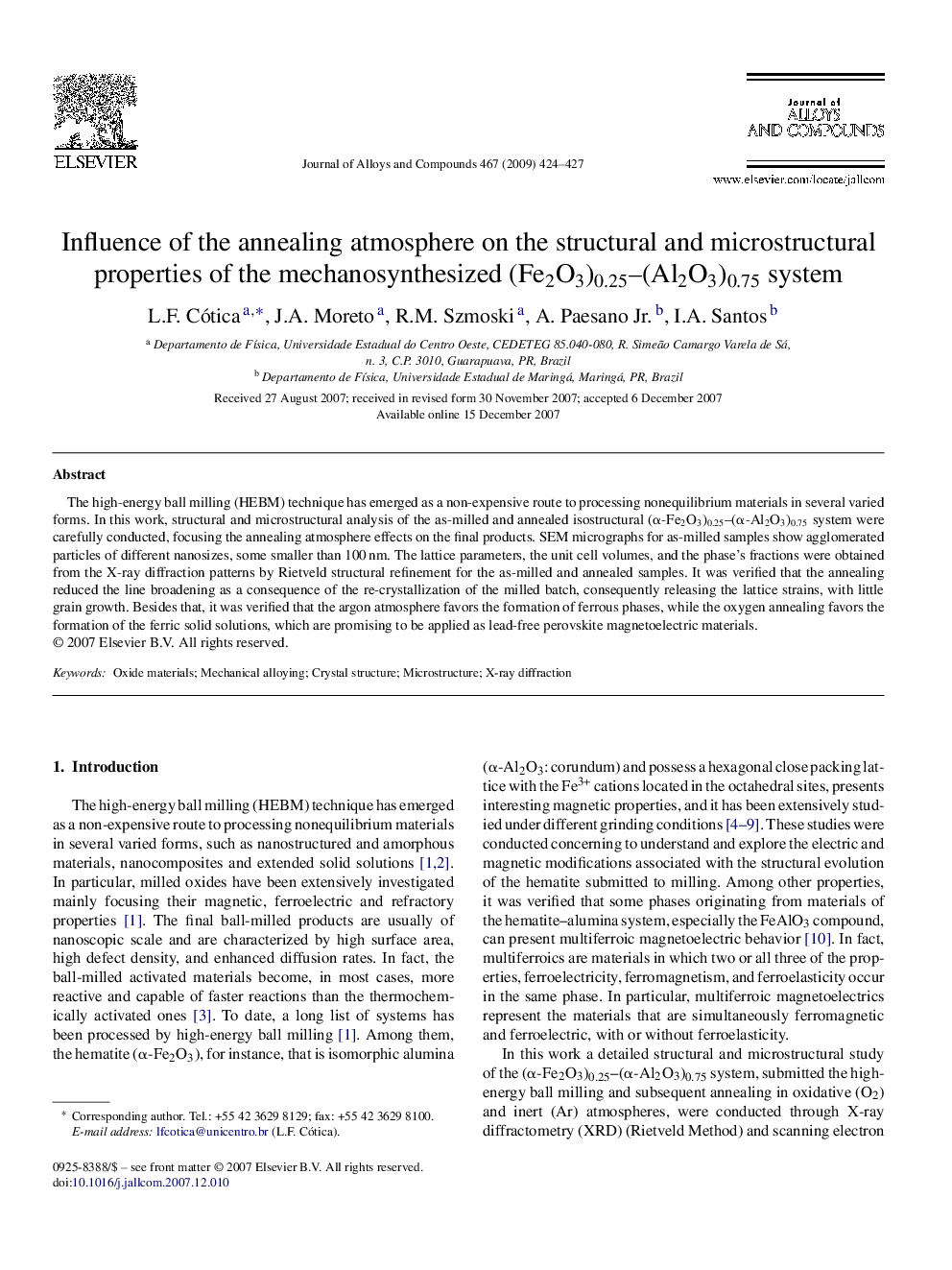 Influence of the annealing atmosphere on the structural and microstructural properties of the mechanosynthesized (Fe2O3)0.25–(Al2O3)0.75 system