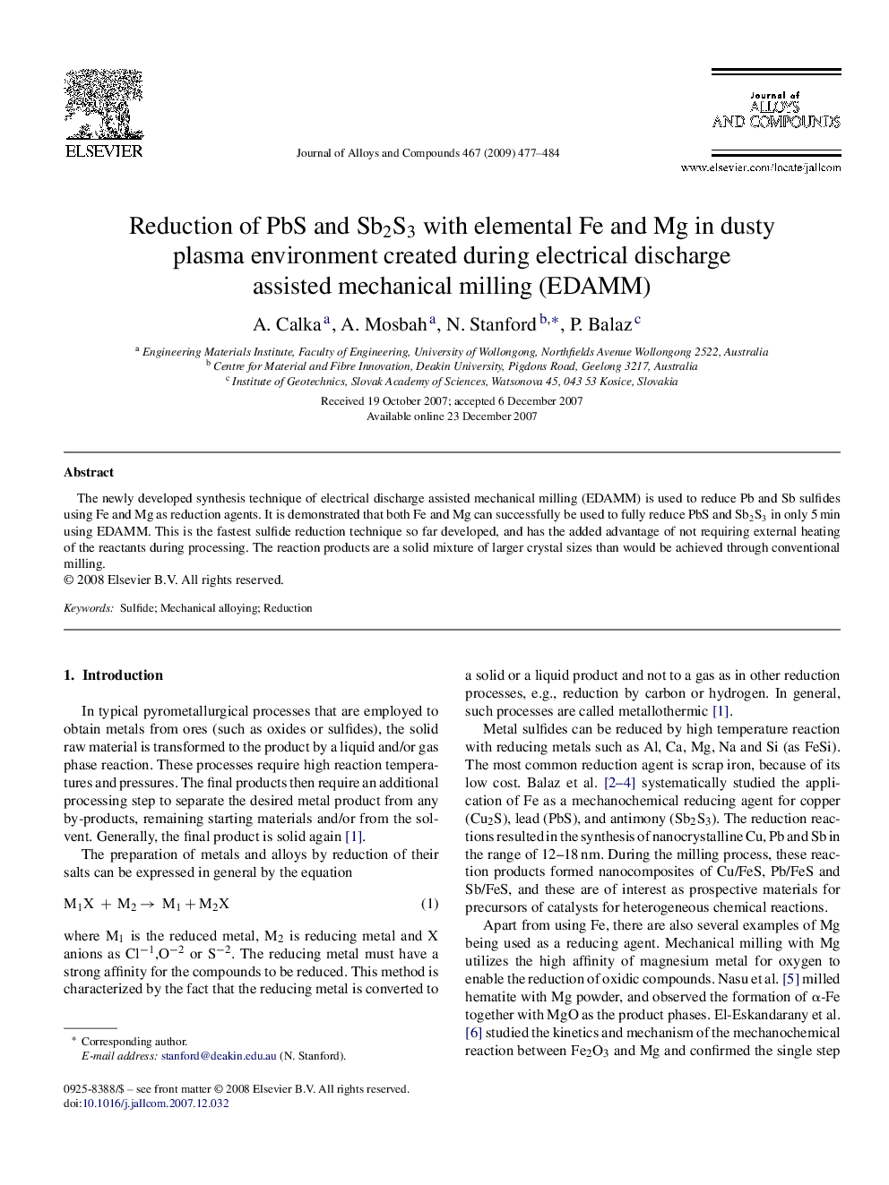 Reduction of PbS and Sb2S3 with elemental Fe and Mg in dusty plasma environment created during electrical discharge assisted mechanical milling (EDAMM)