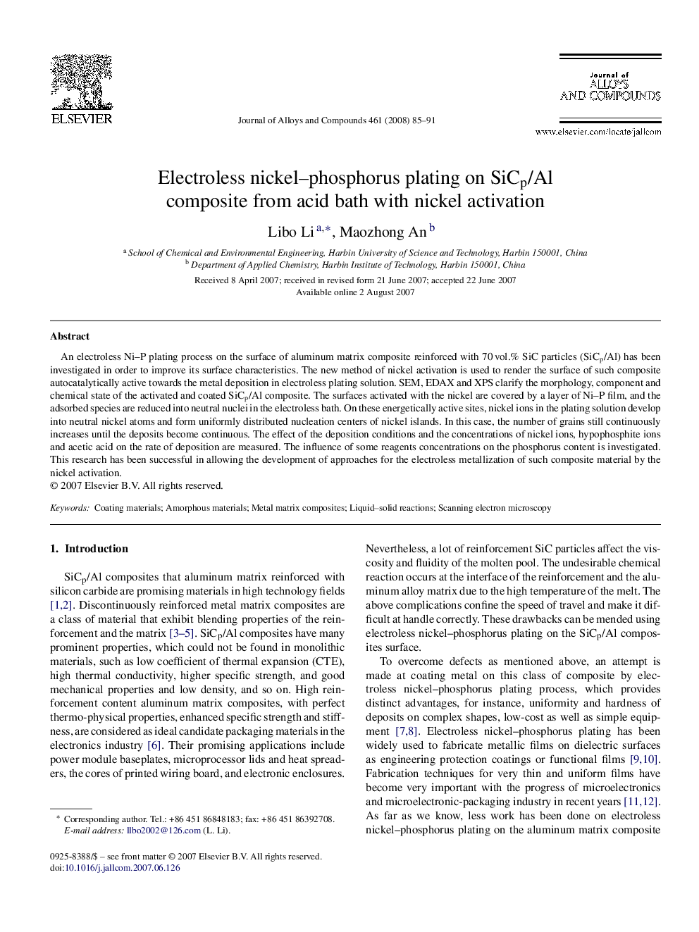 Electroless nickel–phosphorus plating on SiCp/Al composite from acid bath with nickel activation