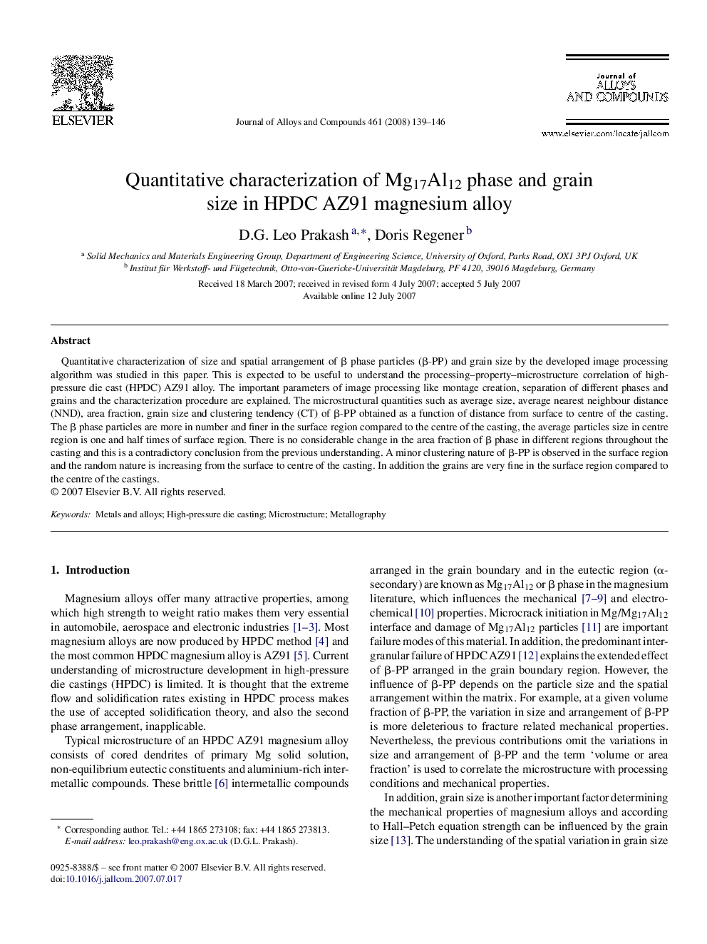 Quantitative characterization of Mg17Al12 phase and grain size in HPDC AZ91 magnesium alloy