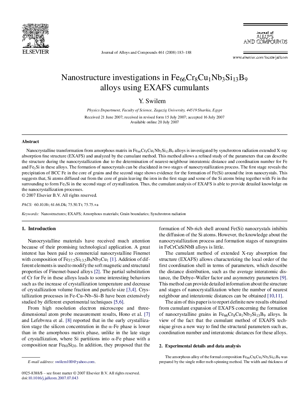 Nanostructure investigations in Fe66Cr8Cu1Nb3Si13B9 alloys using EXAFS cumulants