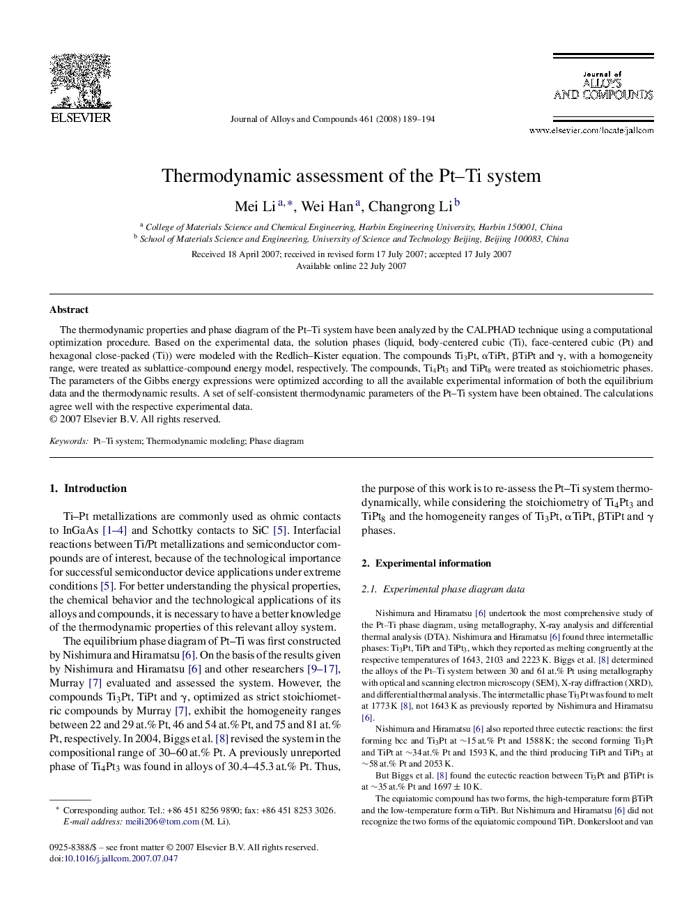 Thermodynamic assessment of the Pt–Ti system