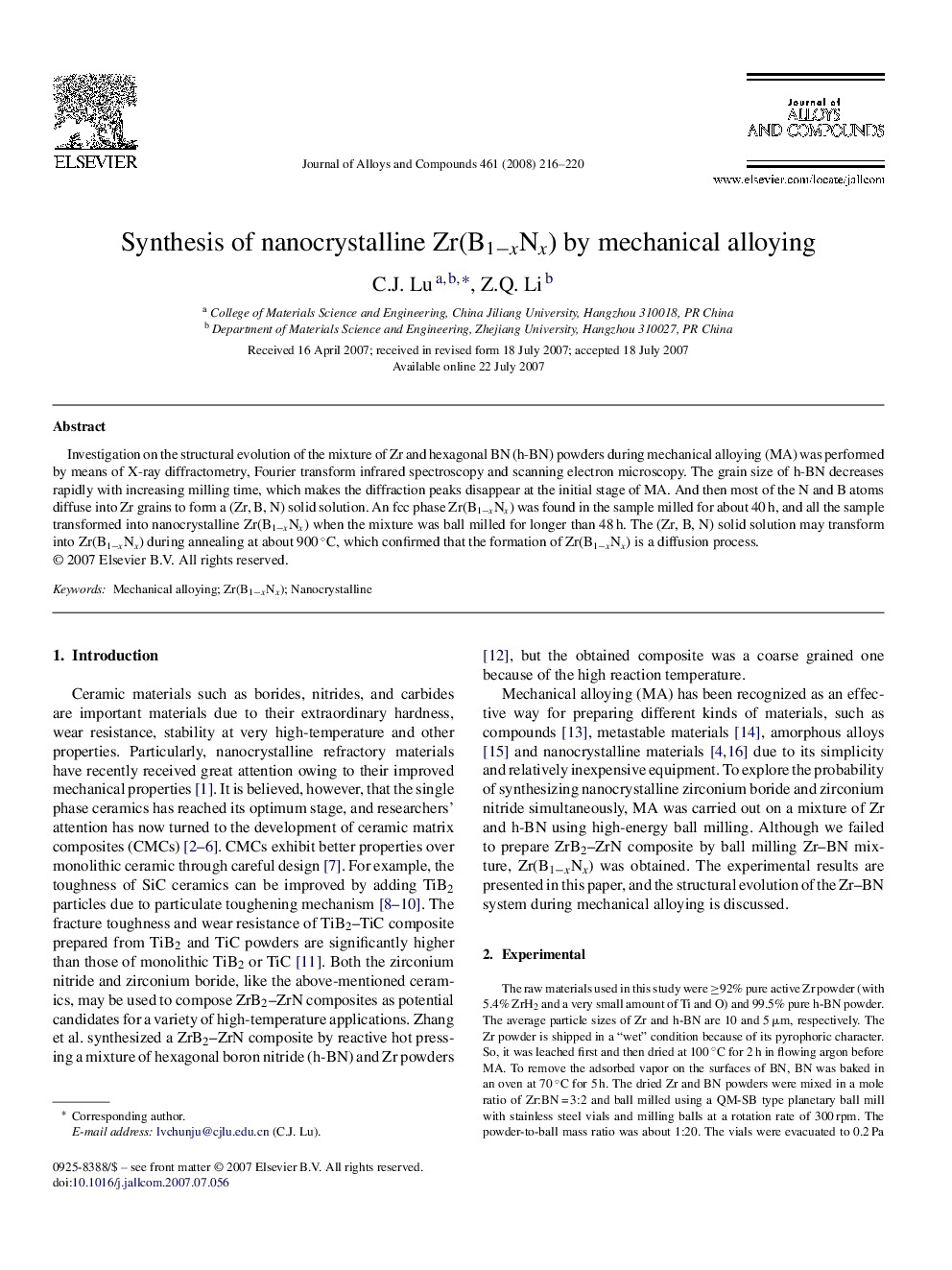 Synthesis of nanocrystalline Zr(B1âxNx) by mechanical alloying