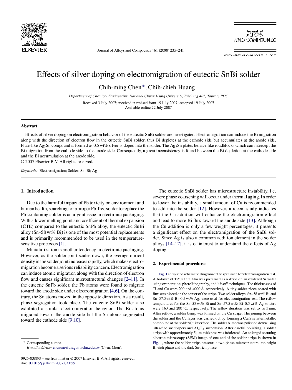 Effects of silver doping on electromigration of eutectic SnBi solder