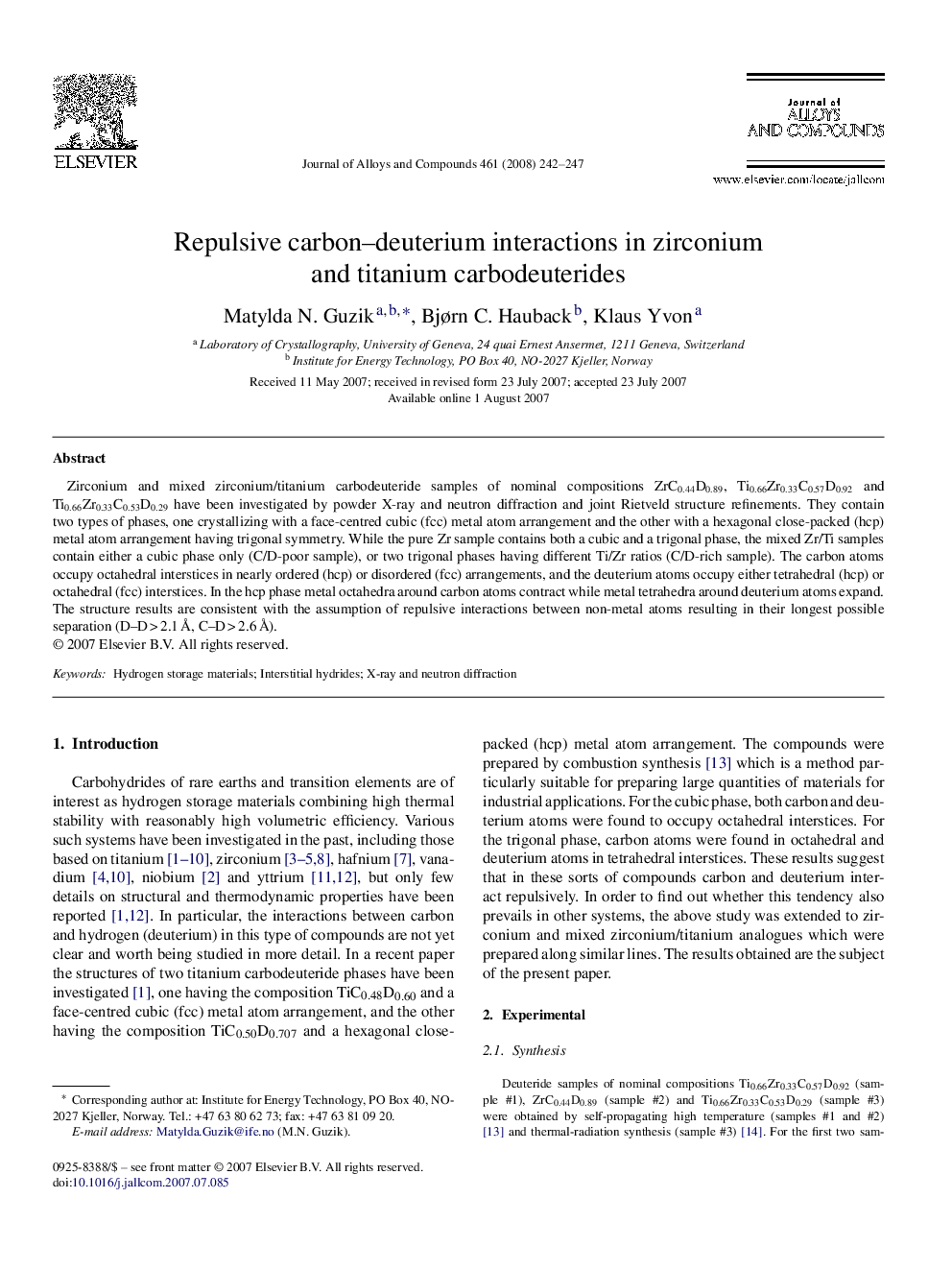 Repulsive carbon–deuterium interactions in zirconium and titanium carbodeuterides