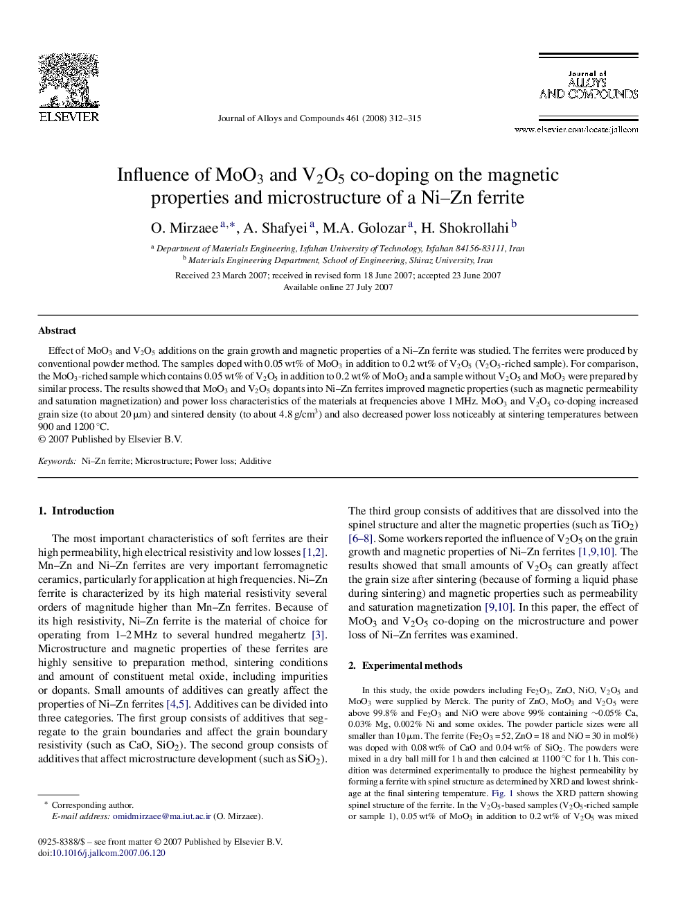 Influence of MoO3 and V2O5 co-doping on the magnetic properties and microstructure of a Ni–Zn ferrite