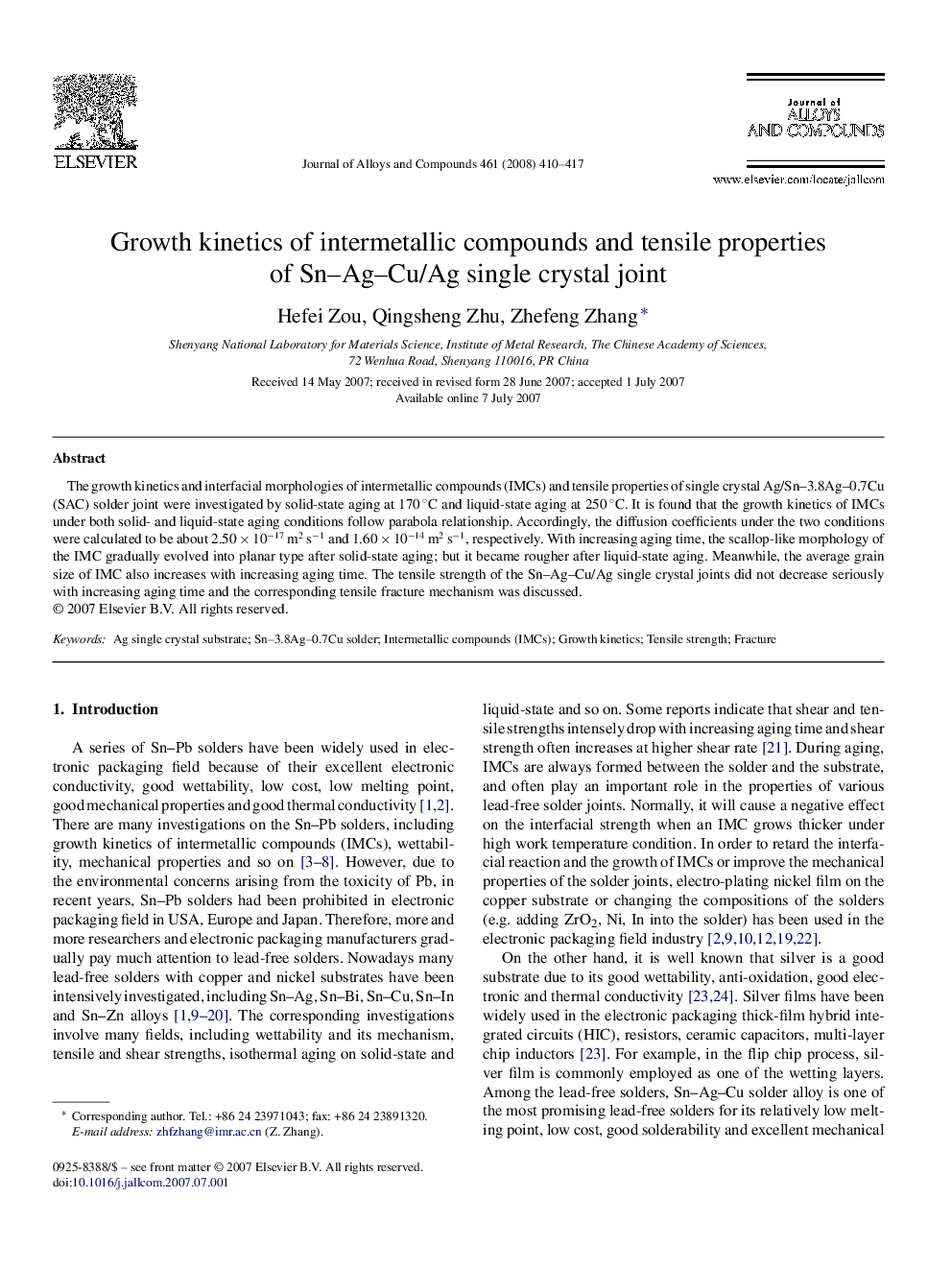 Growth kinetics of intermetallic compounds and tensile properties of Sn–Ag–Cu/Ag single crystal joint